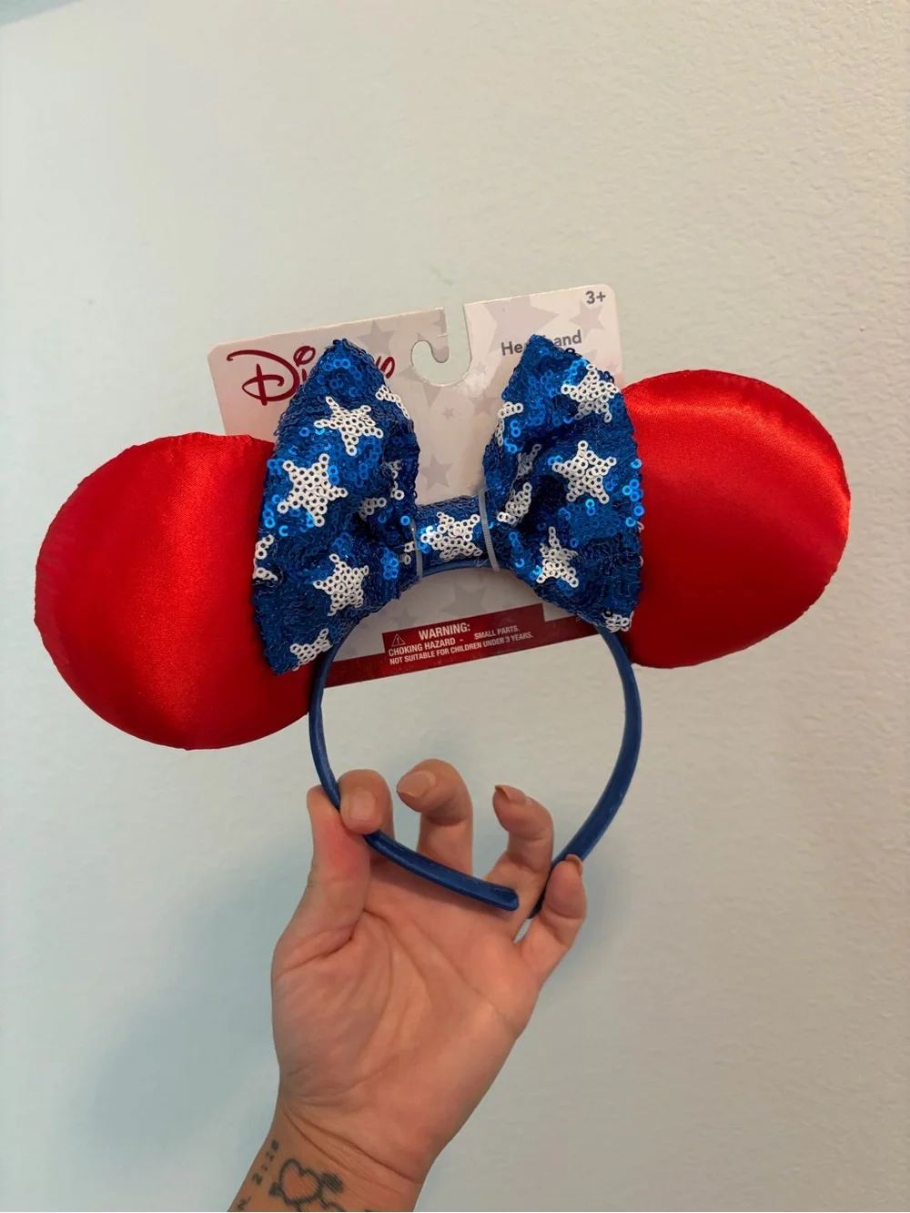 New Disney Red Satin Ears with Blue Star Sequin Bow Headband